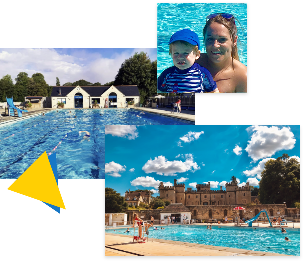 A collage of photos of the swimming pool